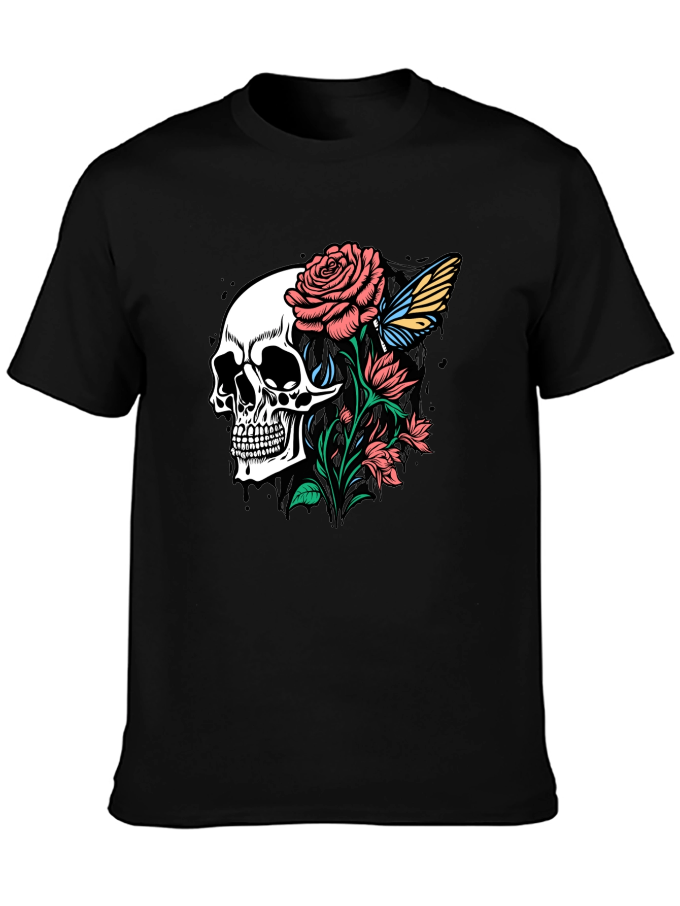 Skull and Roses Graphic Print Black T-Shirt