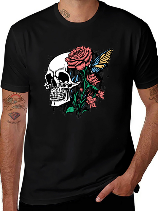 Skull and Roses Graphic Print Black T-Shirt