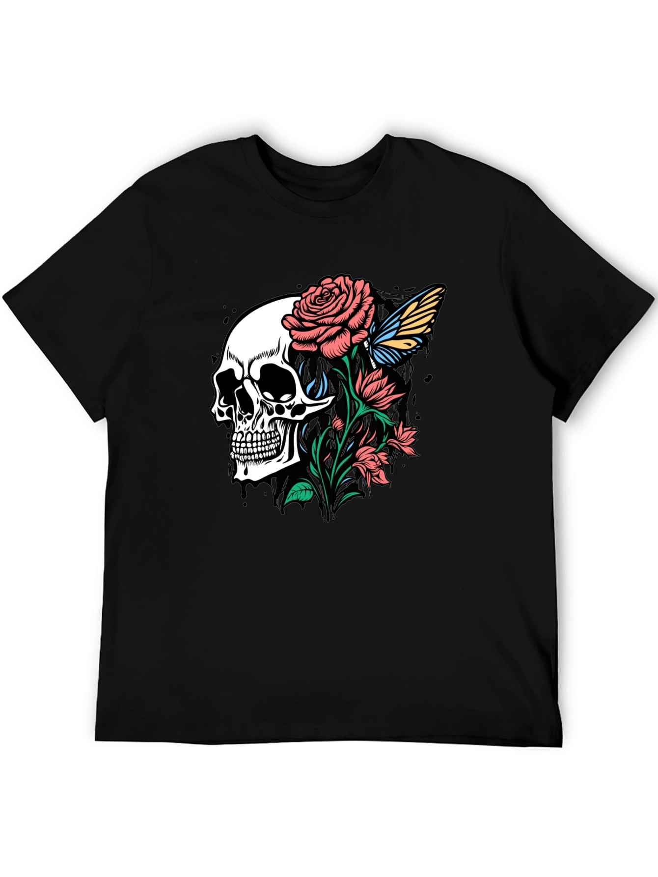 Skull and Roses Graphic Print Black T-Shirt