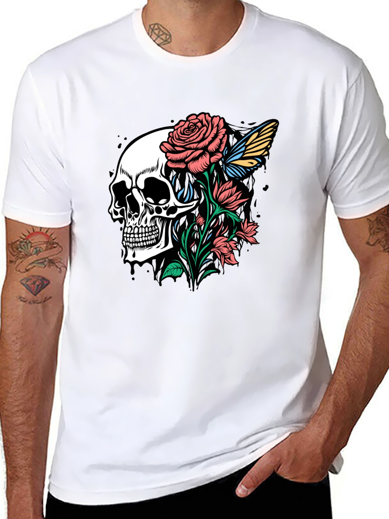 Skull and Roses Graphic Print Black T-Shirt