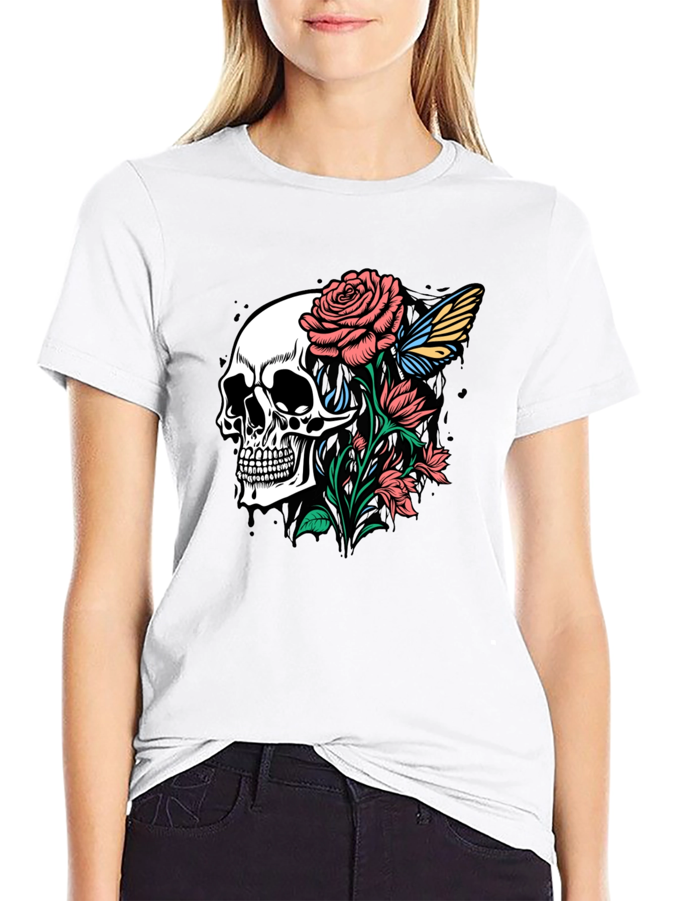 Skull and Roses Graphic Print Black T-Shirt