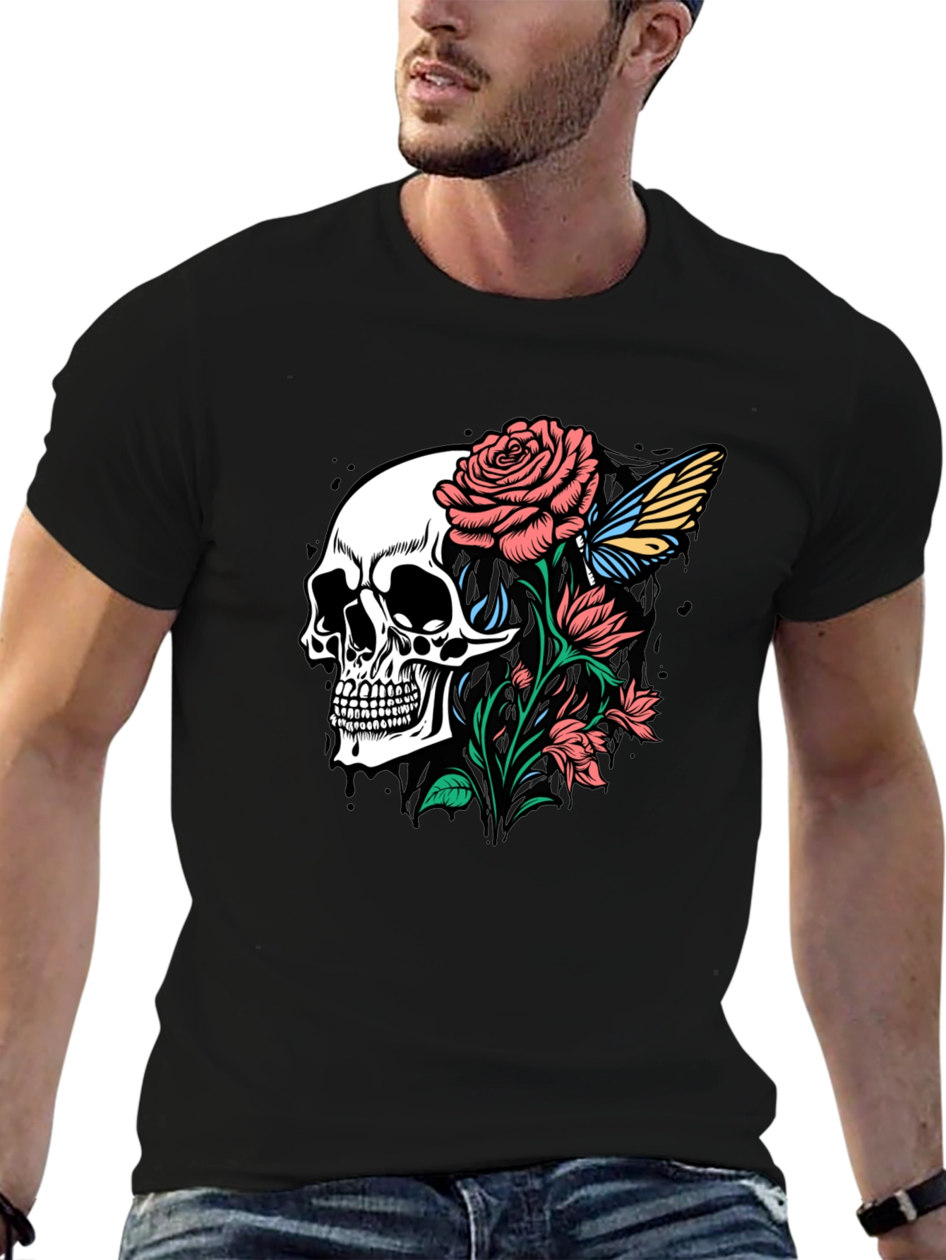 Skull and Roses Graphic Print Black T-Shirt