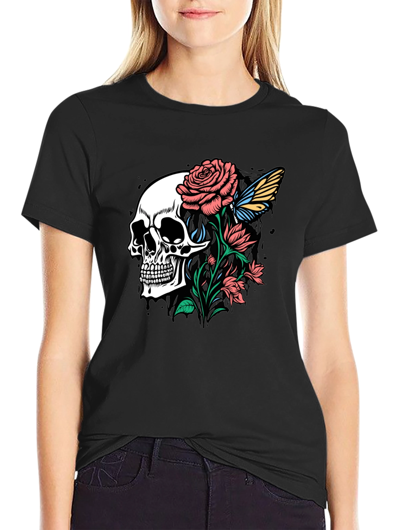 Skull and Roses Graphic Print Black T-Shirt