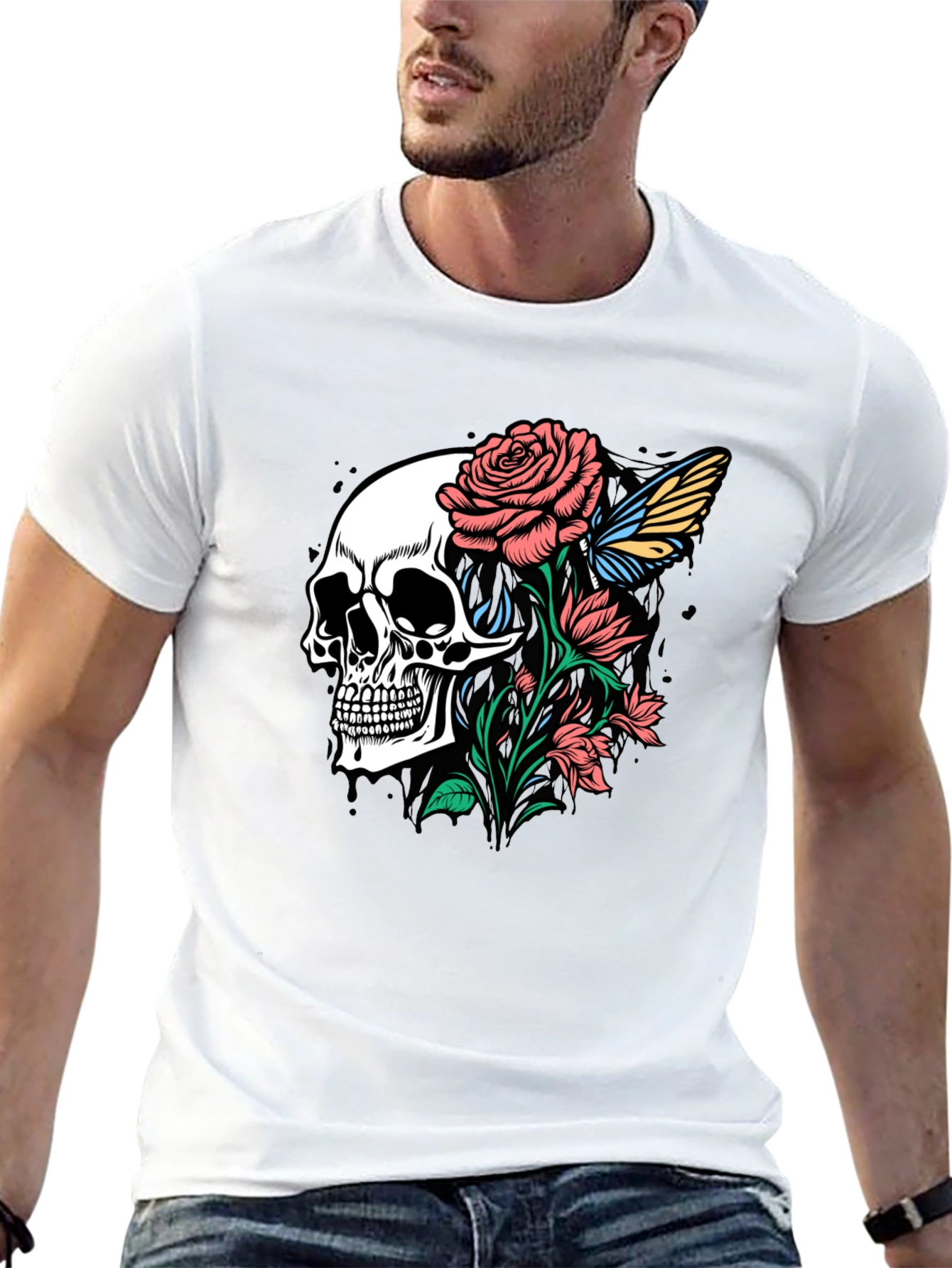 Skull and Roses Graphic Print Black T-Shirt