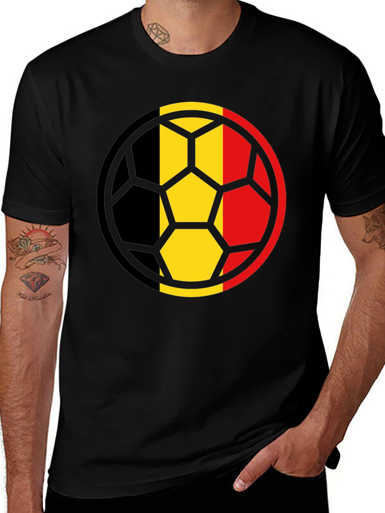 Belgium Flag Soccer Ball Black T-Shirt