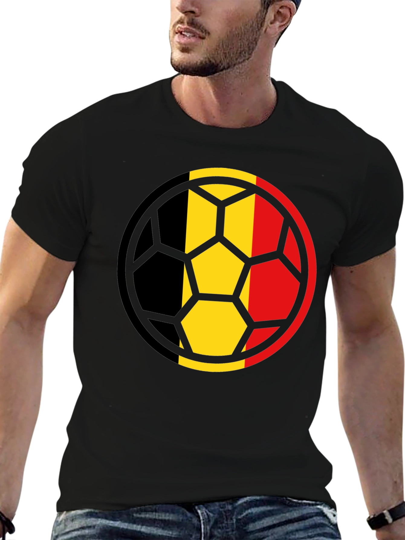 Belgium Flag Soccer Ball Black T-Shirt