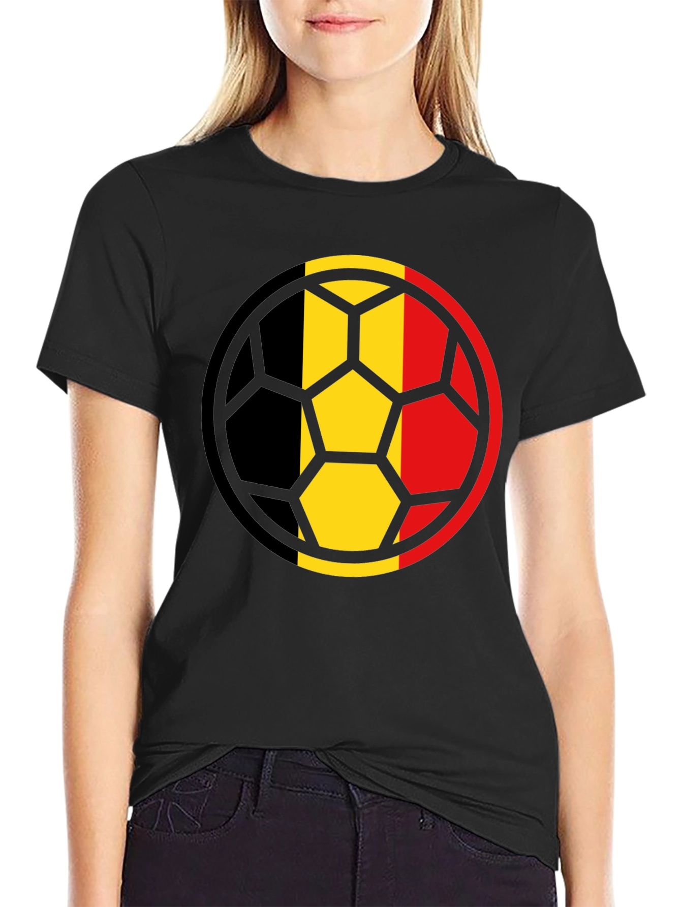 Belgium Flag Soccer Ball Black T-Shirt