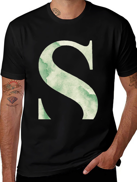Letter S Watercolor Graphic Tee - Black Cotton Casual Shirt