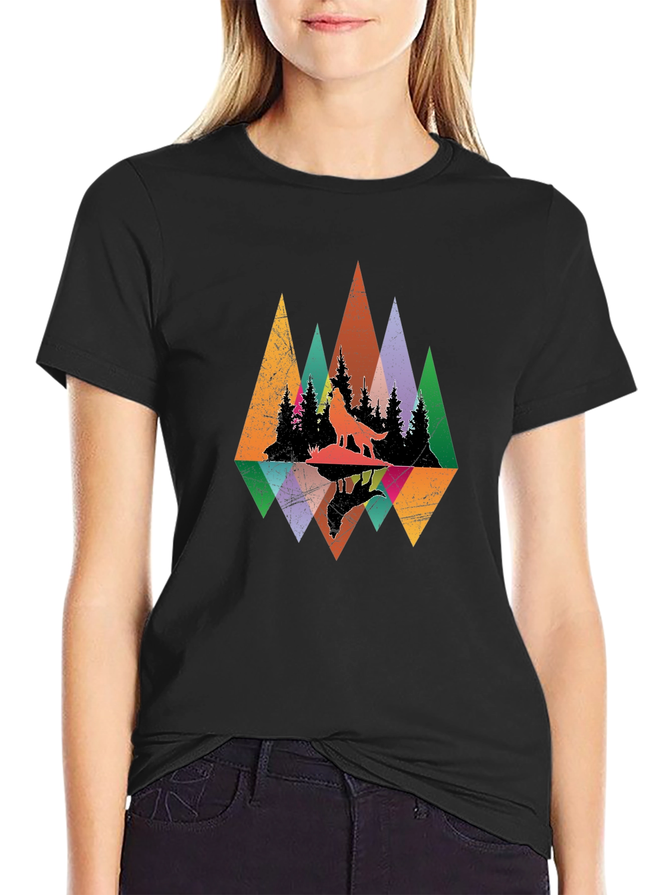 Wolf Silhouette Forest Graphic Tee - Black