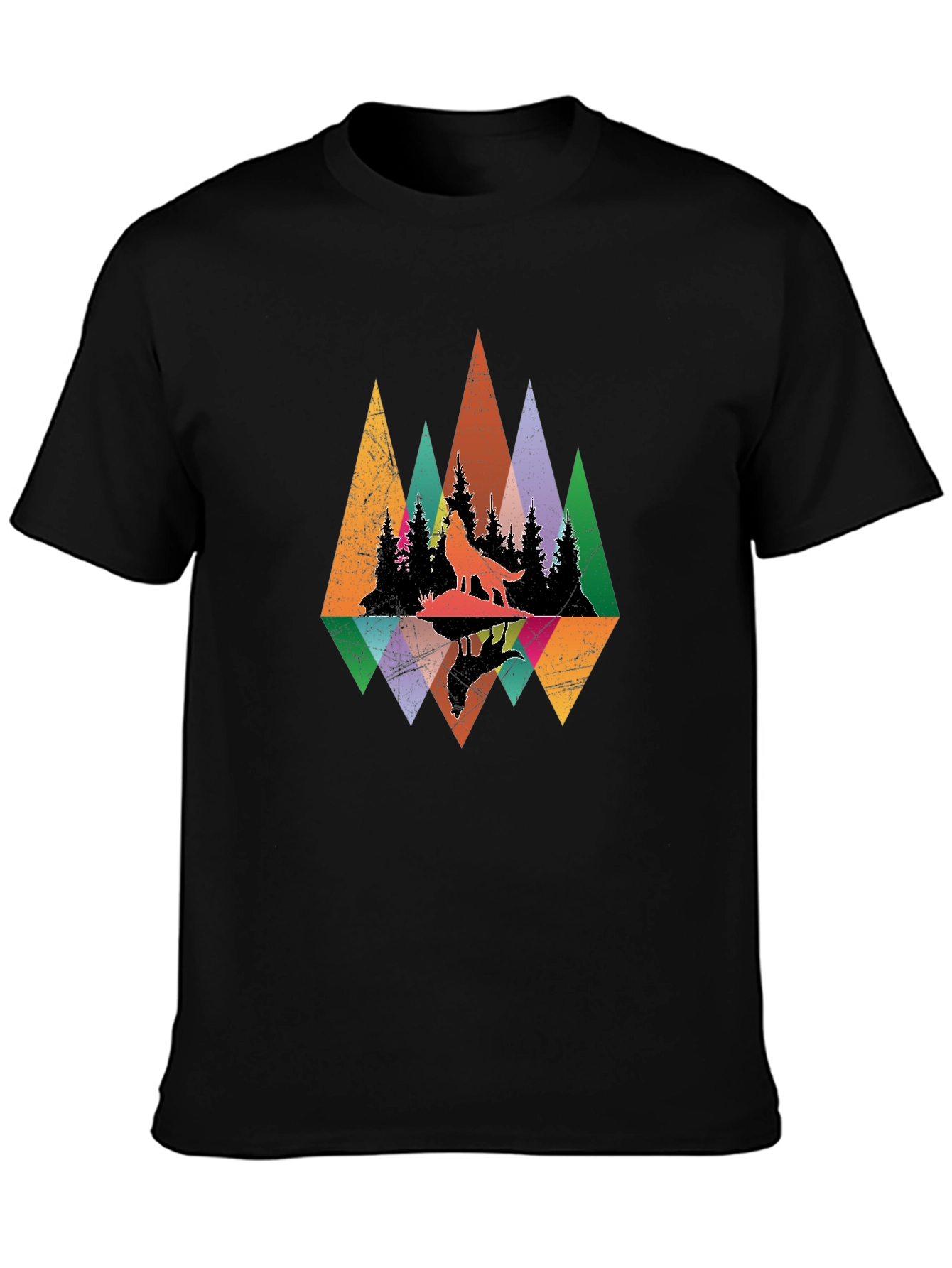 Wolf Silhouette Forest Graphic Tee - Black