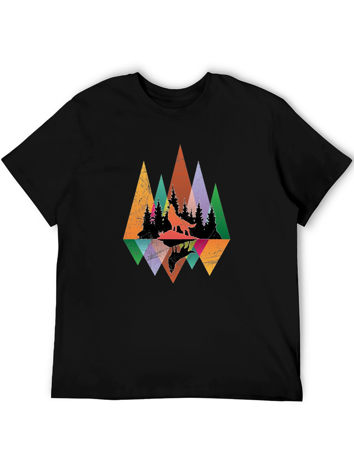 Wolf Silhouette Forest Graphic Tee - Black