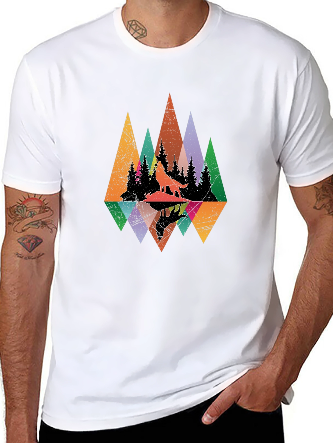 Wolf Silhouette Forest Graphic Tee - Black