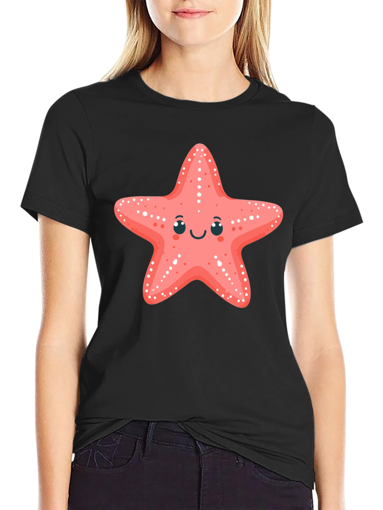 Cute Starfish Graphic Tee - Black Cotton T-Shirt