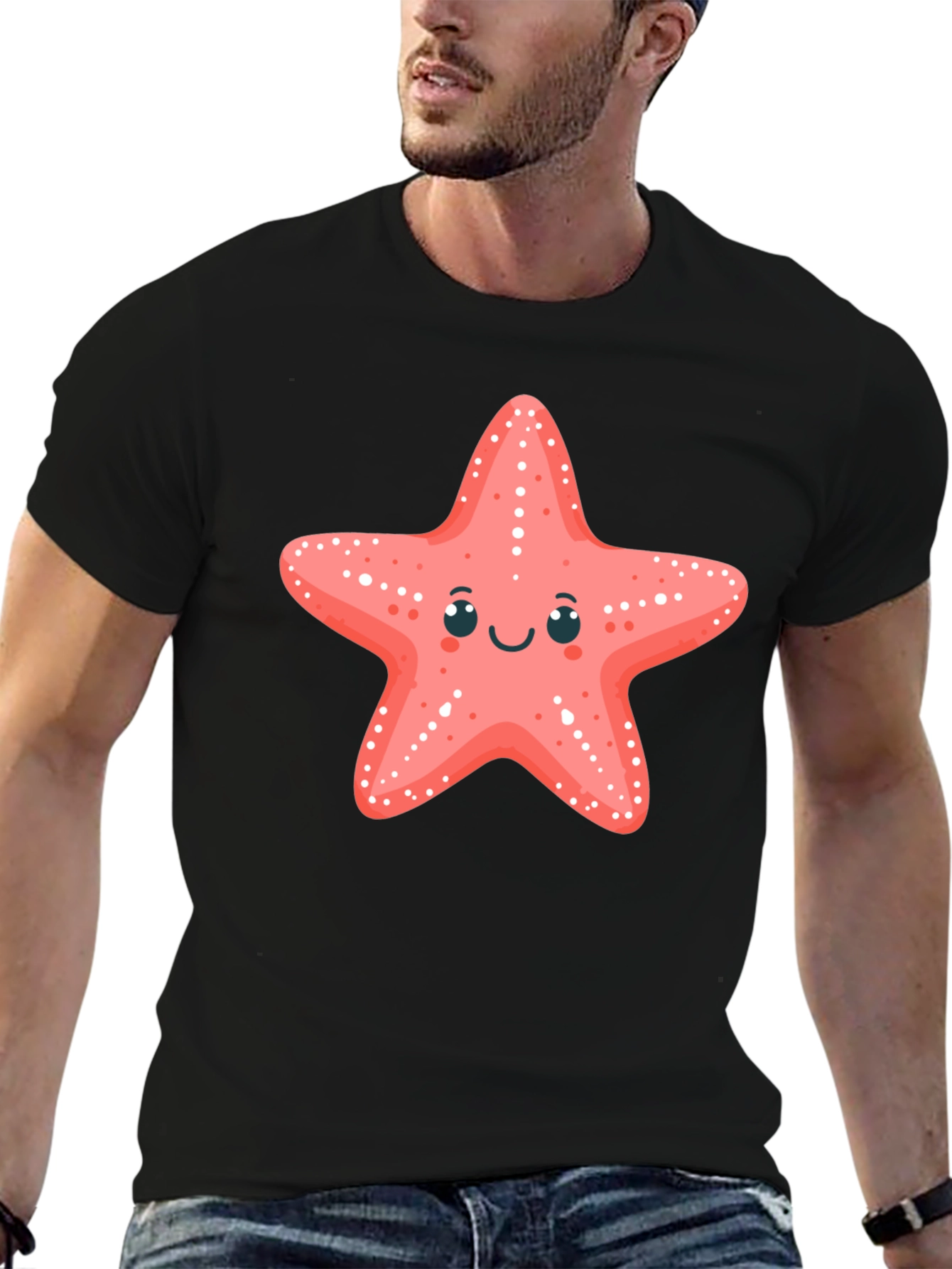 Cute Starfish Graphic Tee - Black Cotton T-Shirt