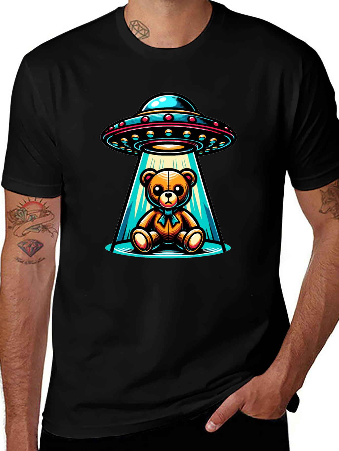 Alien Abduction Teddy Bear Black T-Shirt