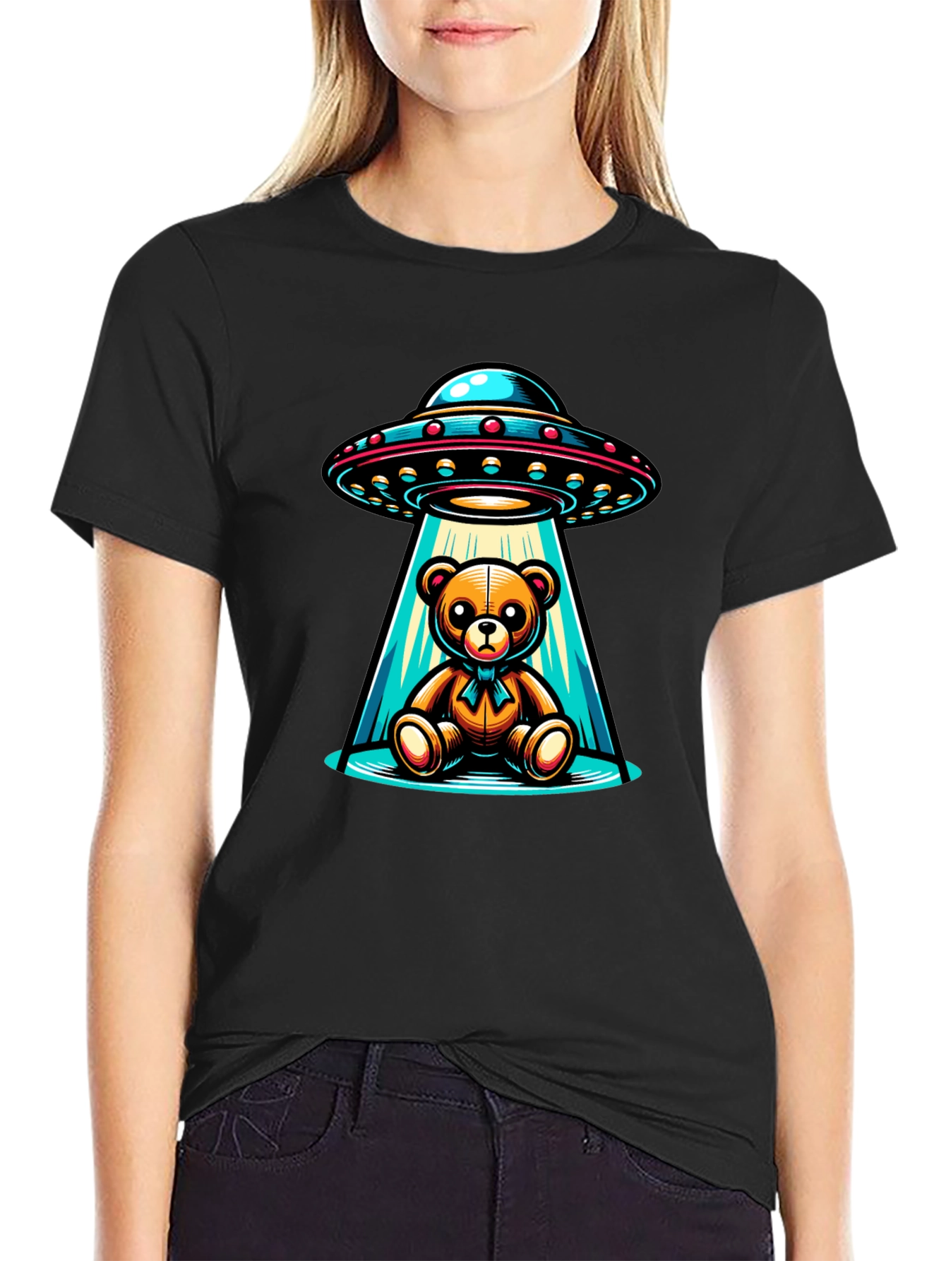 Alien Abduction Teddy Bear Black T-Shirt