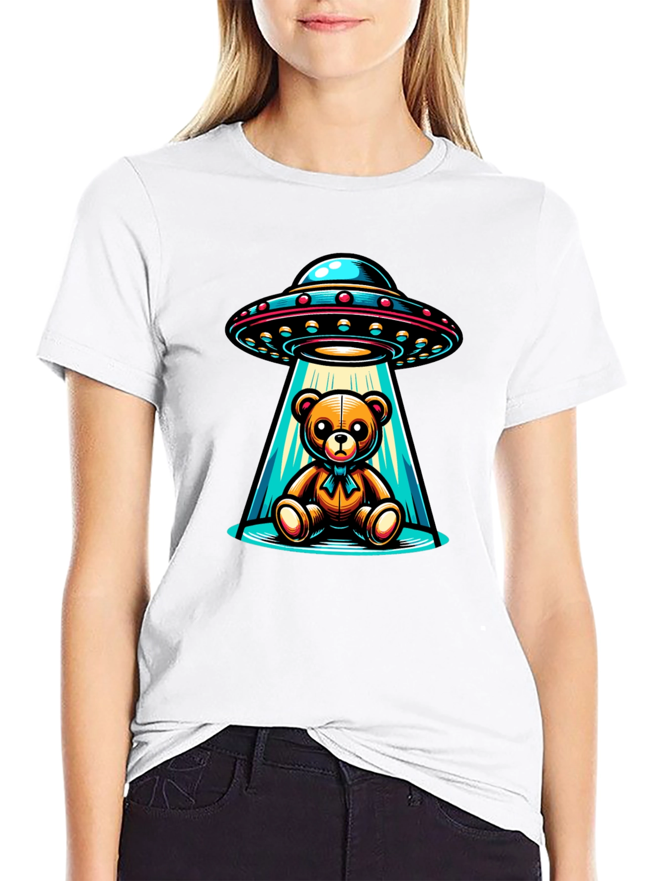Alien Abduction Teddy Bear Black T-Shirt