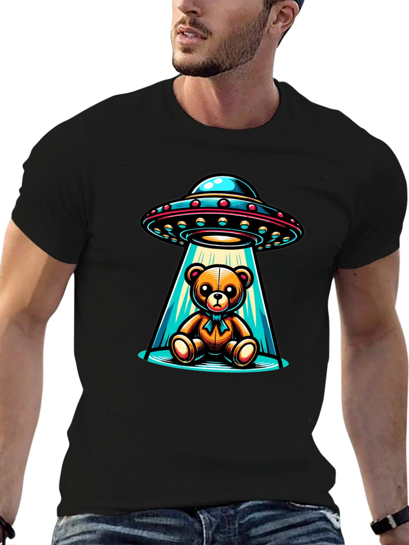Alien Abduction Teddy Bear Black T-Shirt