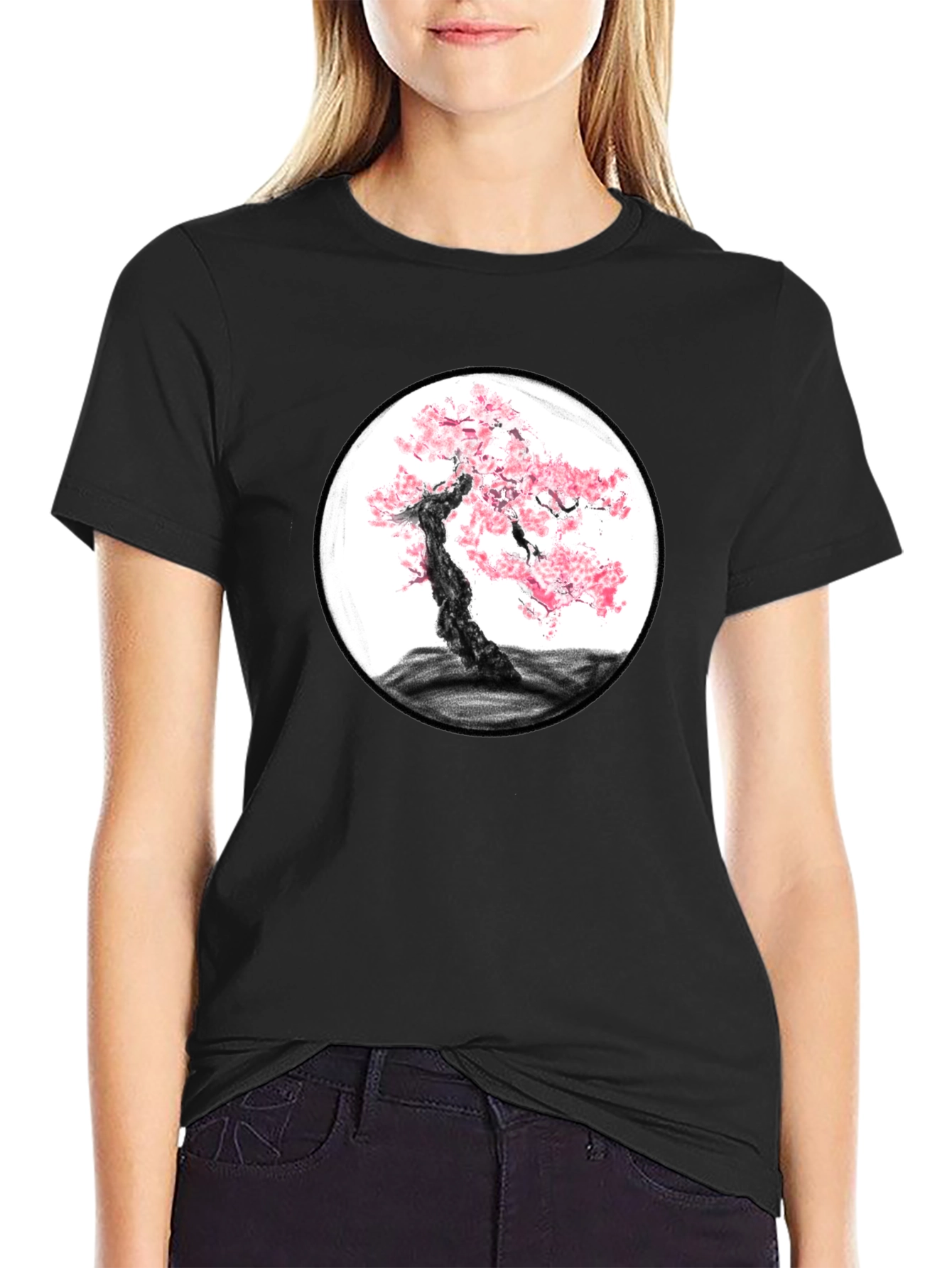 Cherry Blossom Tree Graphic Black T-Shirt