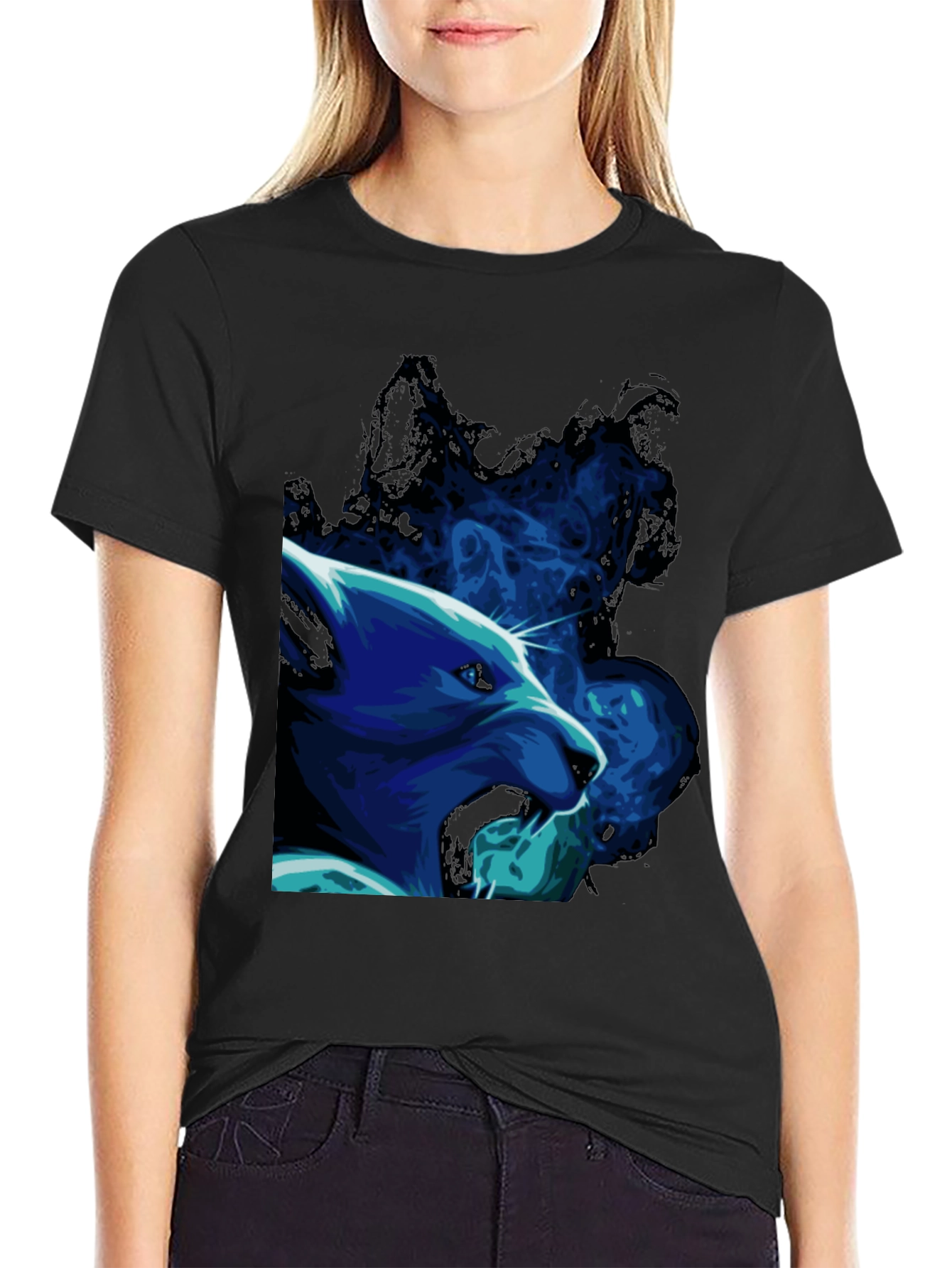 Cool Blue Wolf Graphic Black T-Shirt