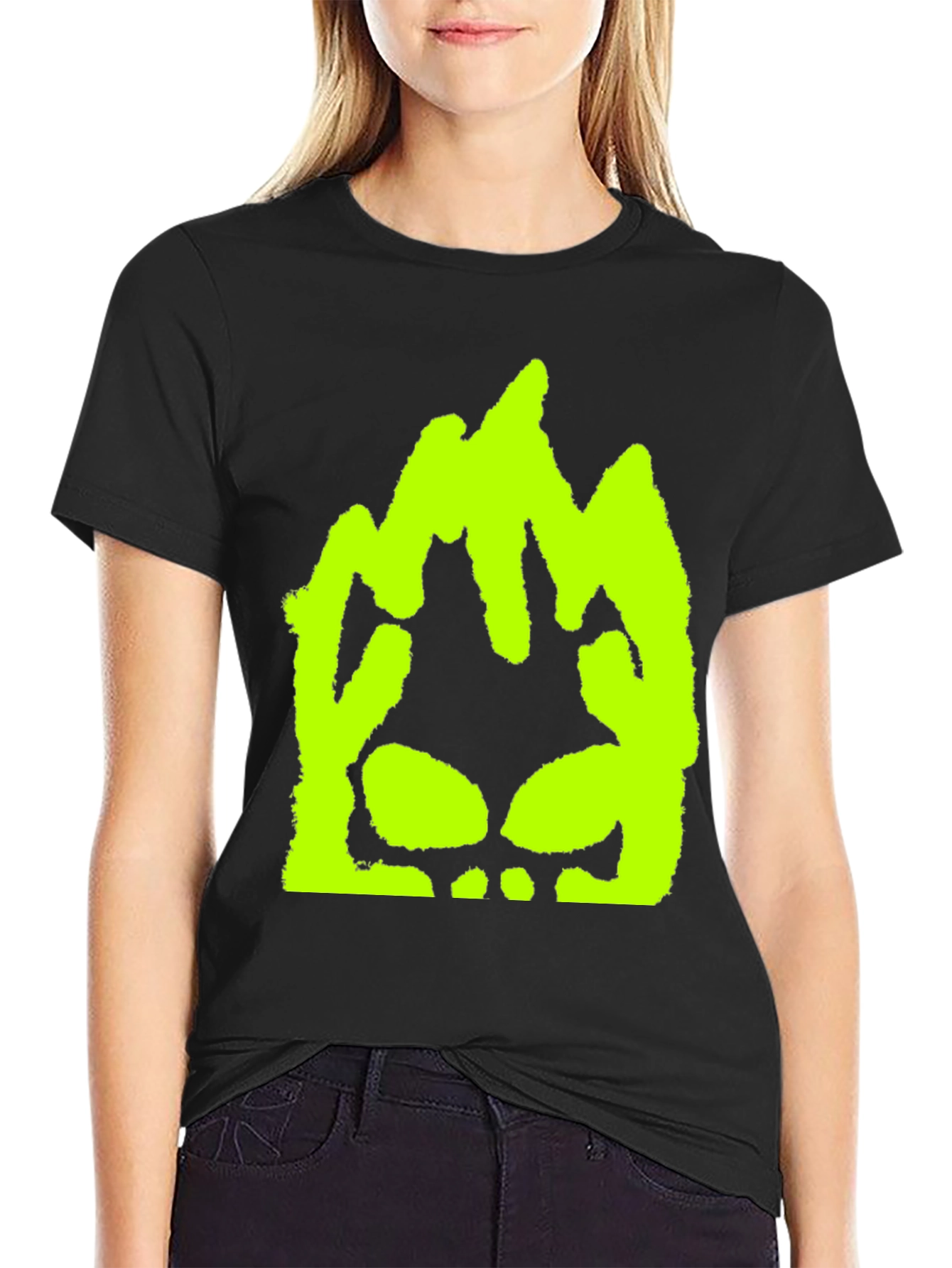 Neon Green Skull Graphic Black T-Shirt