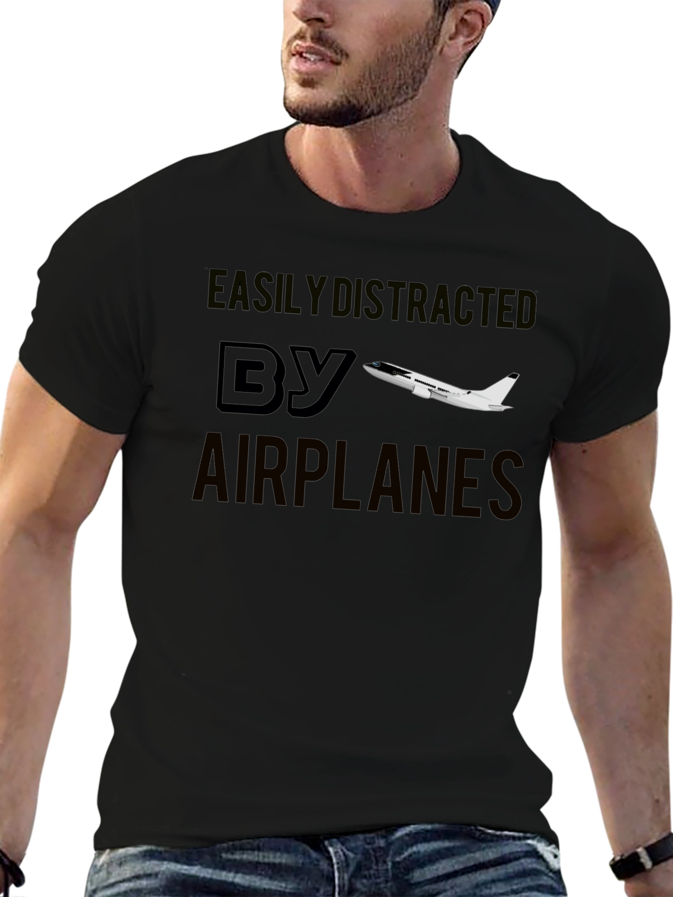 Easily Distracted By Airplanes Black T-Shirt