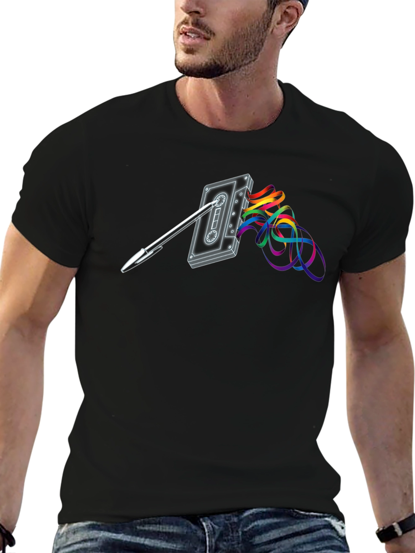 Retro Cassette Tape & Pen Graphic T-Shirt
