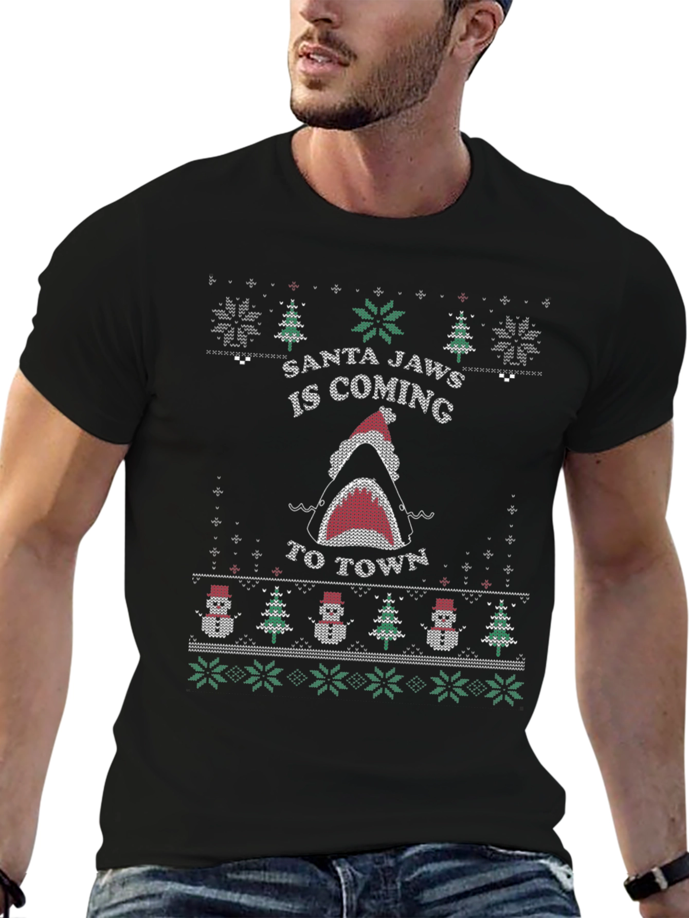 Santa Jaws Ugly Christmas Sweater Style T-Shirt