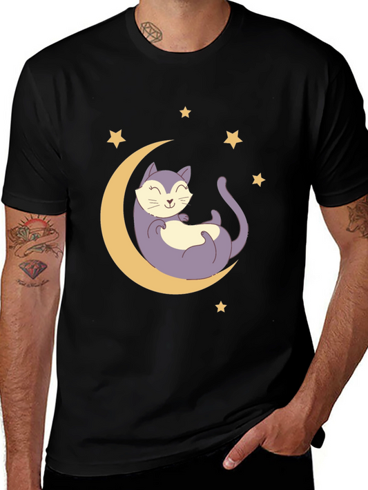 Cute Cat on Moon Graphic T-Shirt - Unisex Black Tee