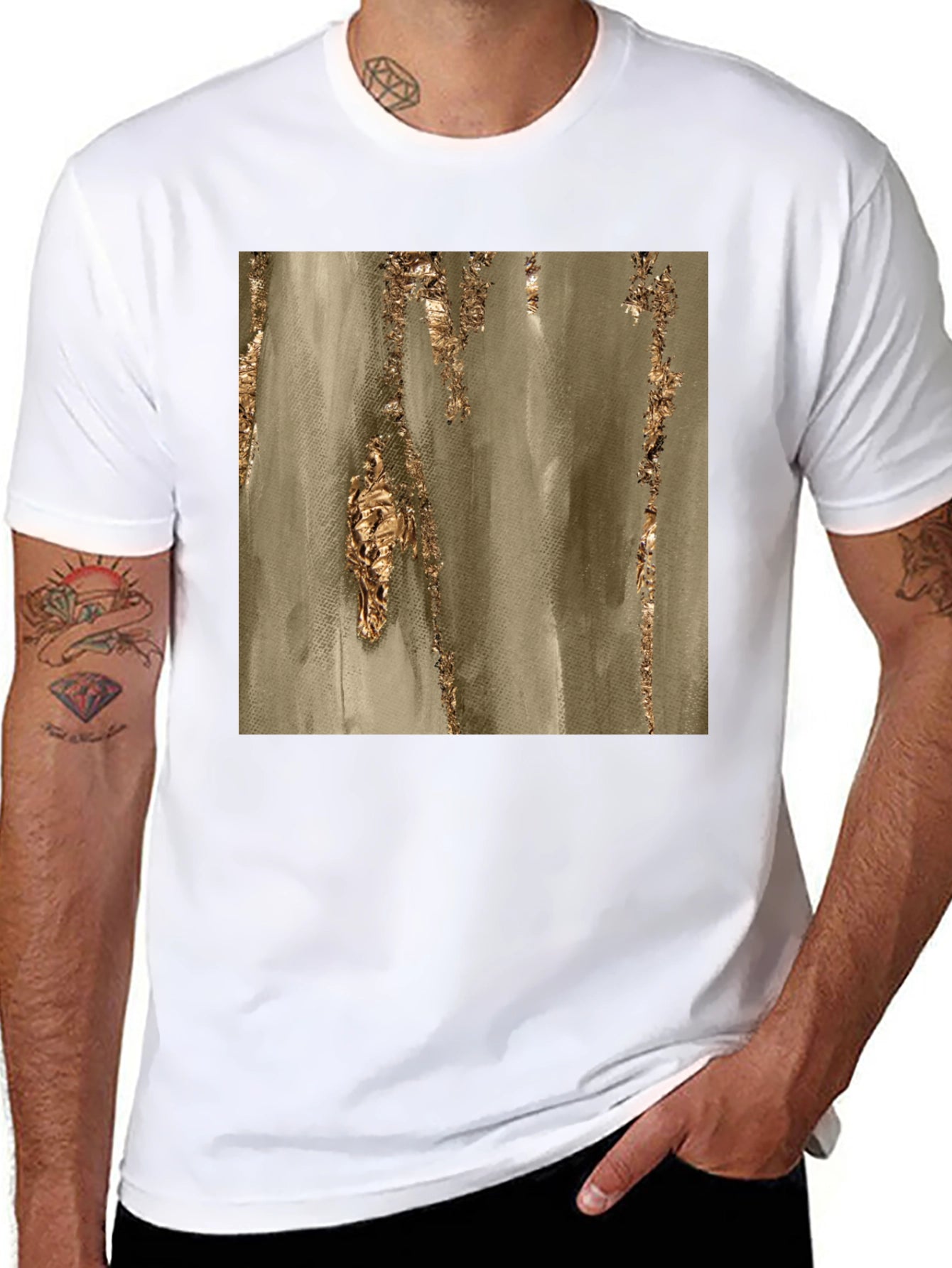 Abstract Gold Foil Print Black T-Shirt
