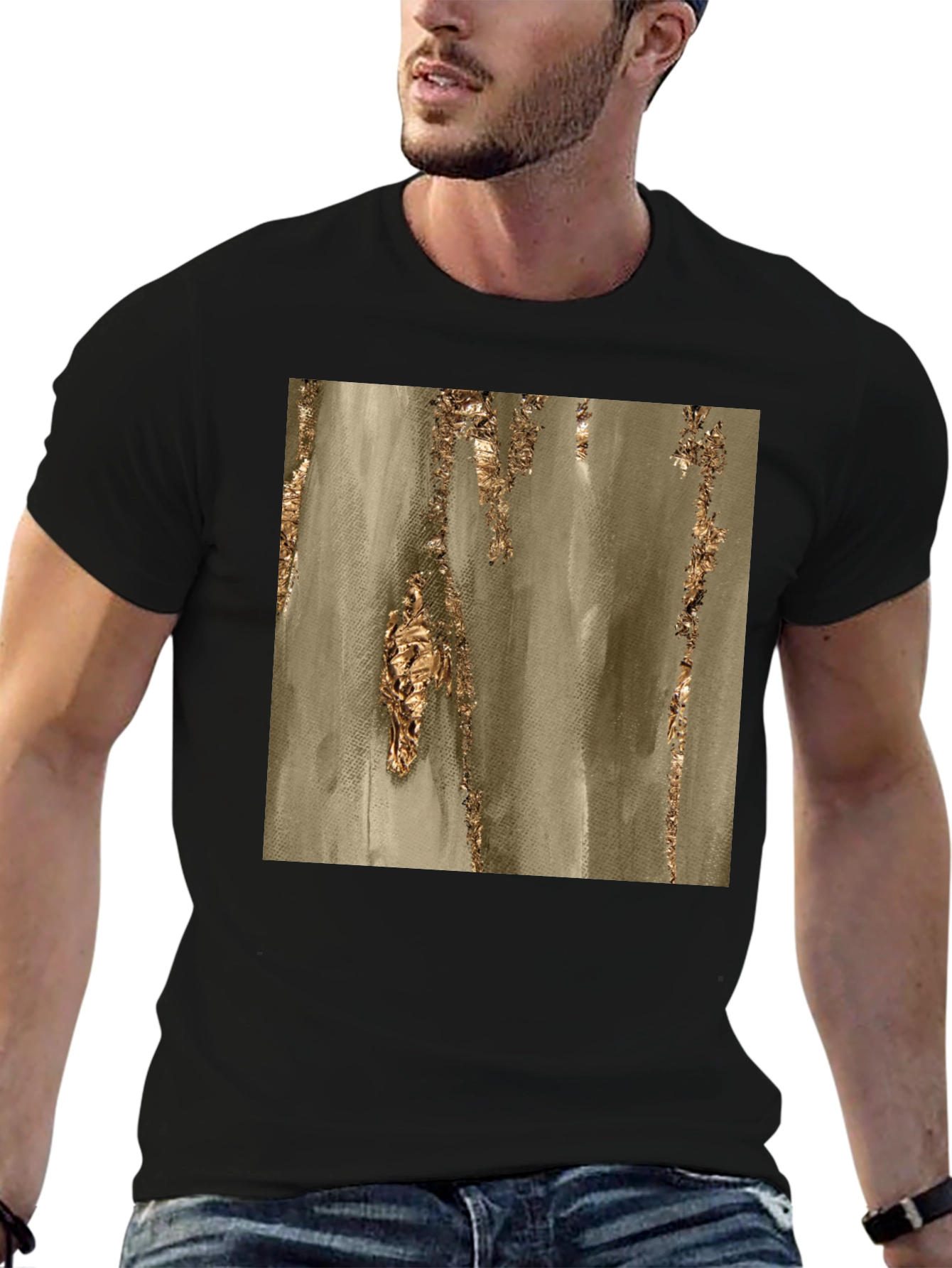Abstract Gold Foil Print Black T-Shirt