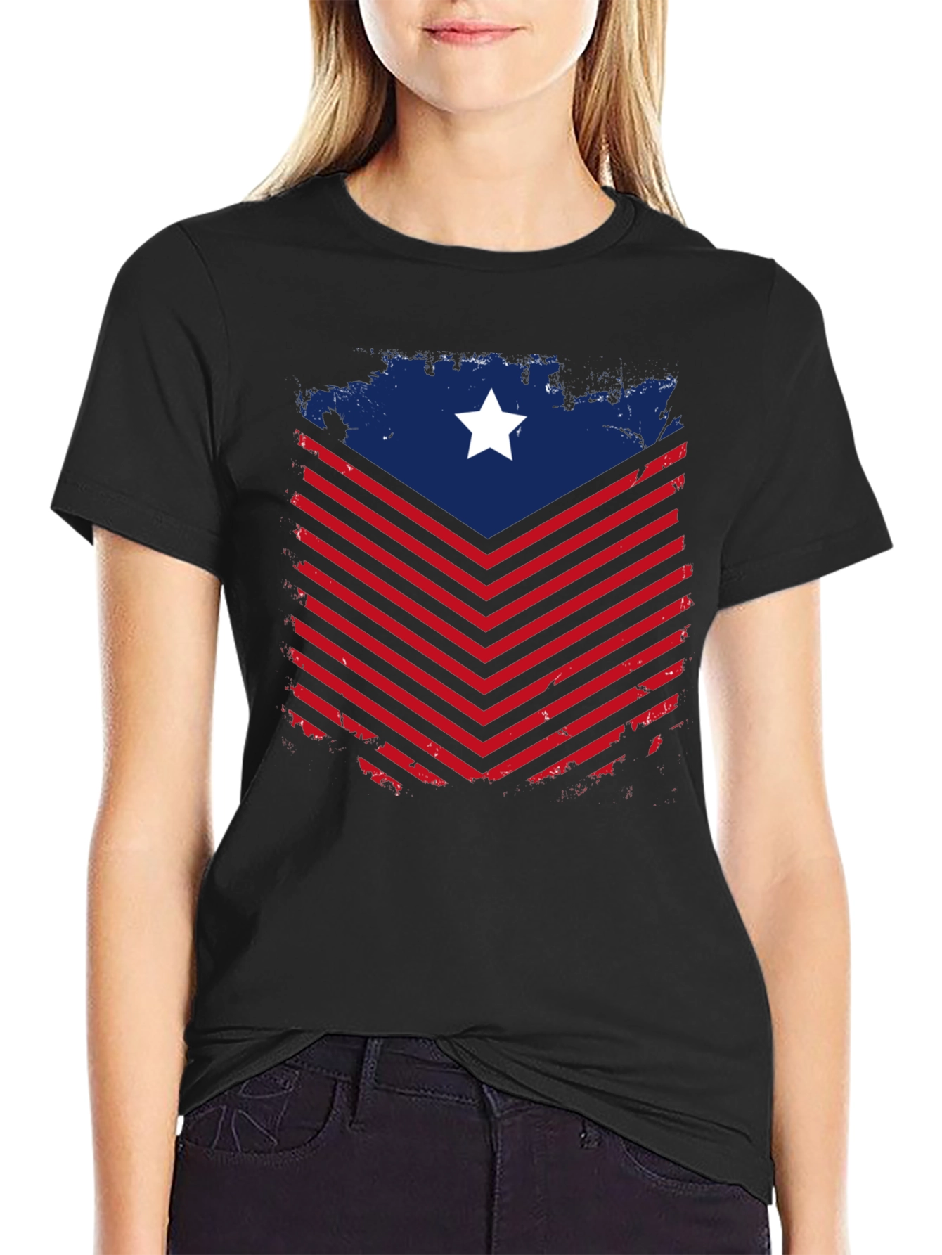Patriotic Chevron Star Graphic Tee - Black