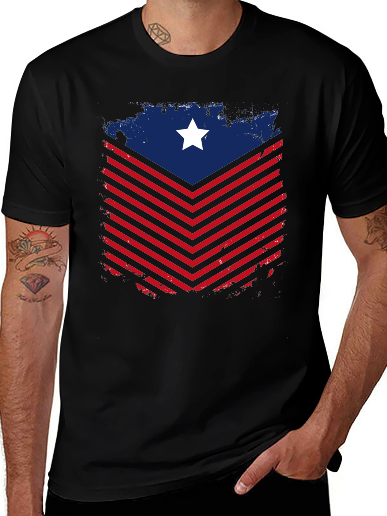 Patriotic Chevron Star Graphic Tee - Black