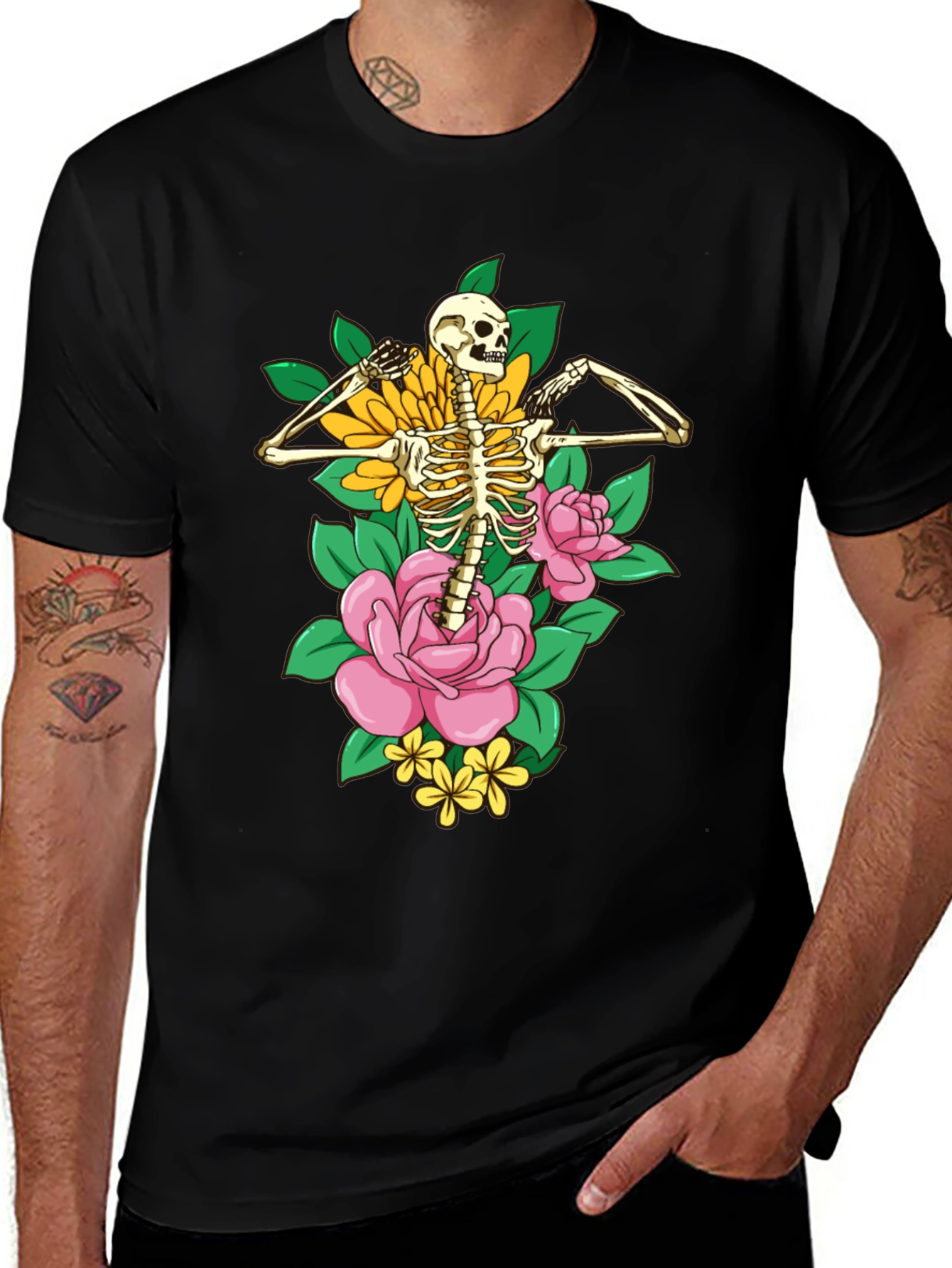 Floral Skeleton Graphic T-Shirt - Black
