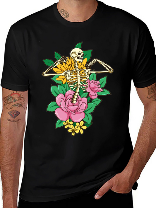 Floral Skeleton Graphic T-Shirt - Black