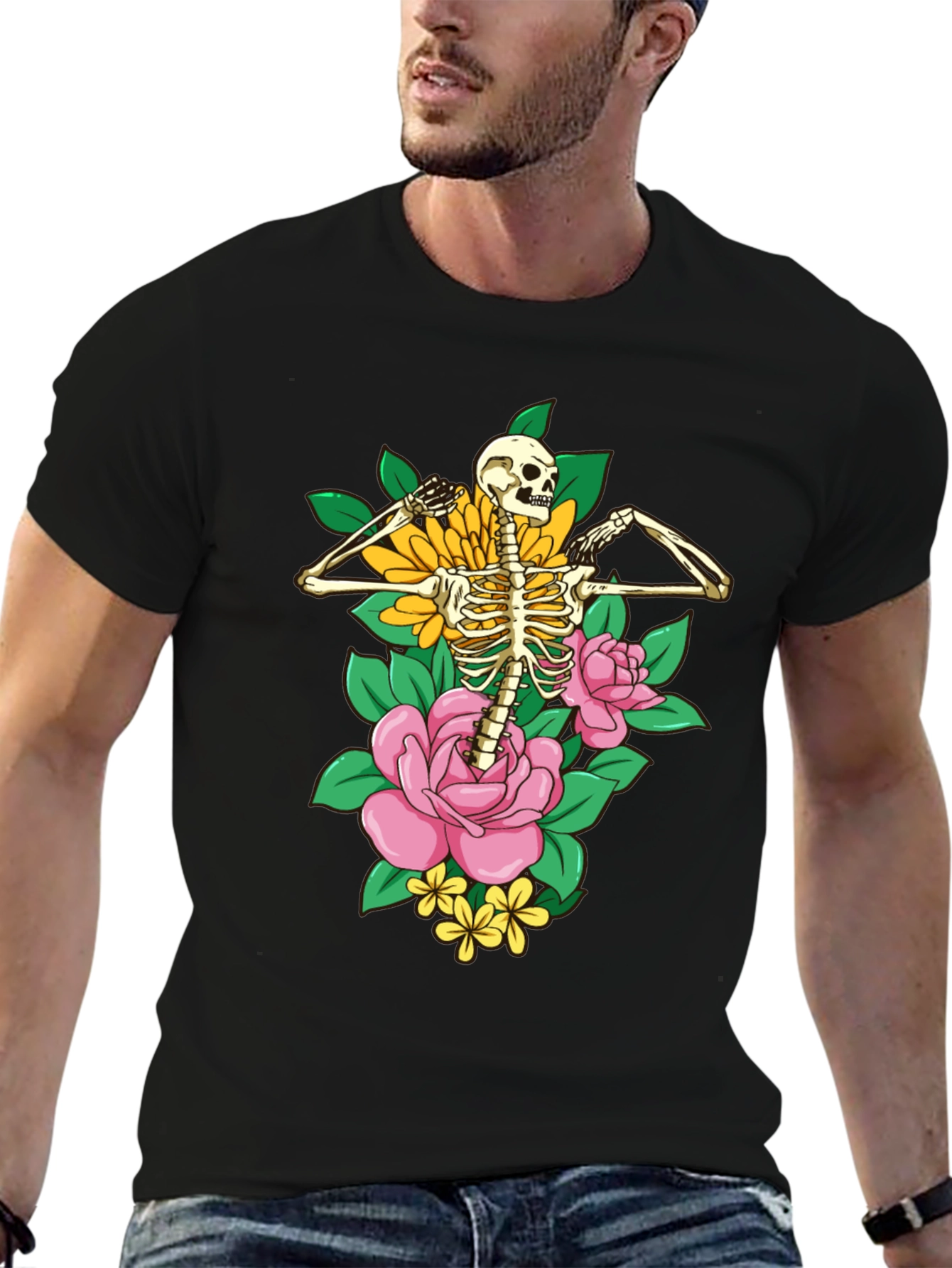 Floral Skeleton Graphic T-Shirt - Black