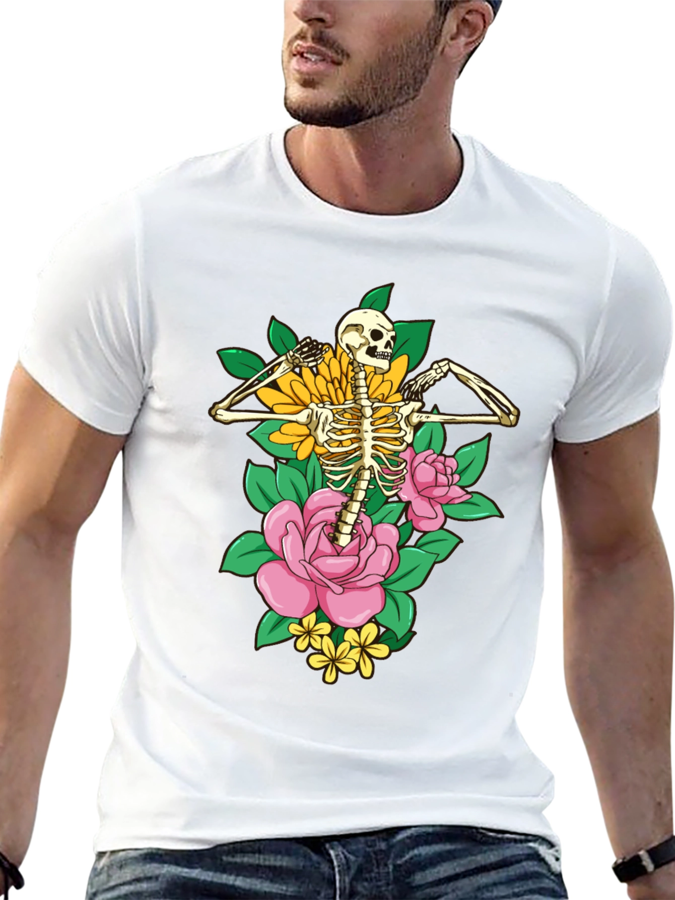 Floral Skeleton Graphic T-Shirt - Black