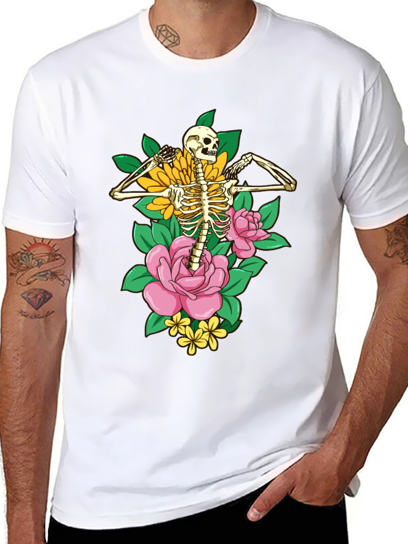 Floral Skeleton Graphic T-Shirt - Black