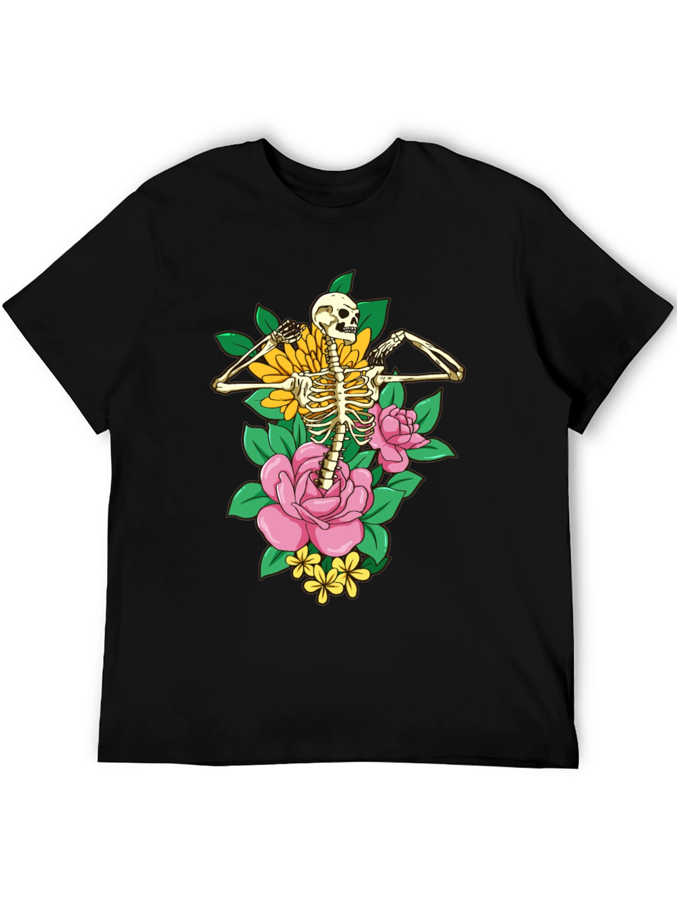 Floral Skeleton Graphic T-Shirt - Black