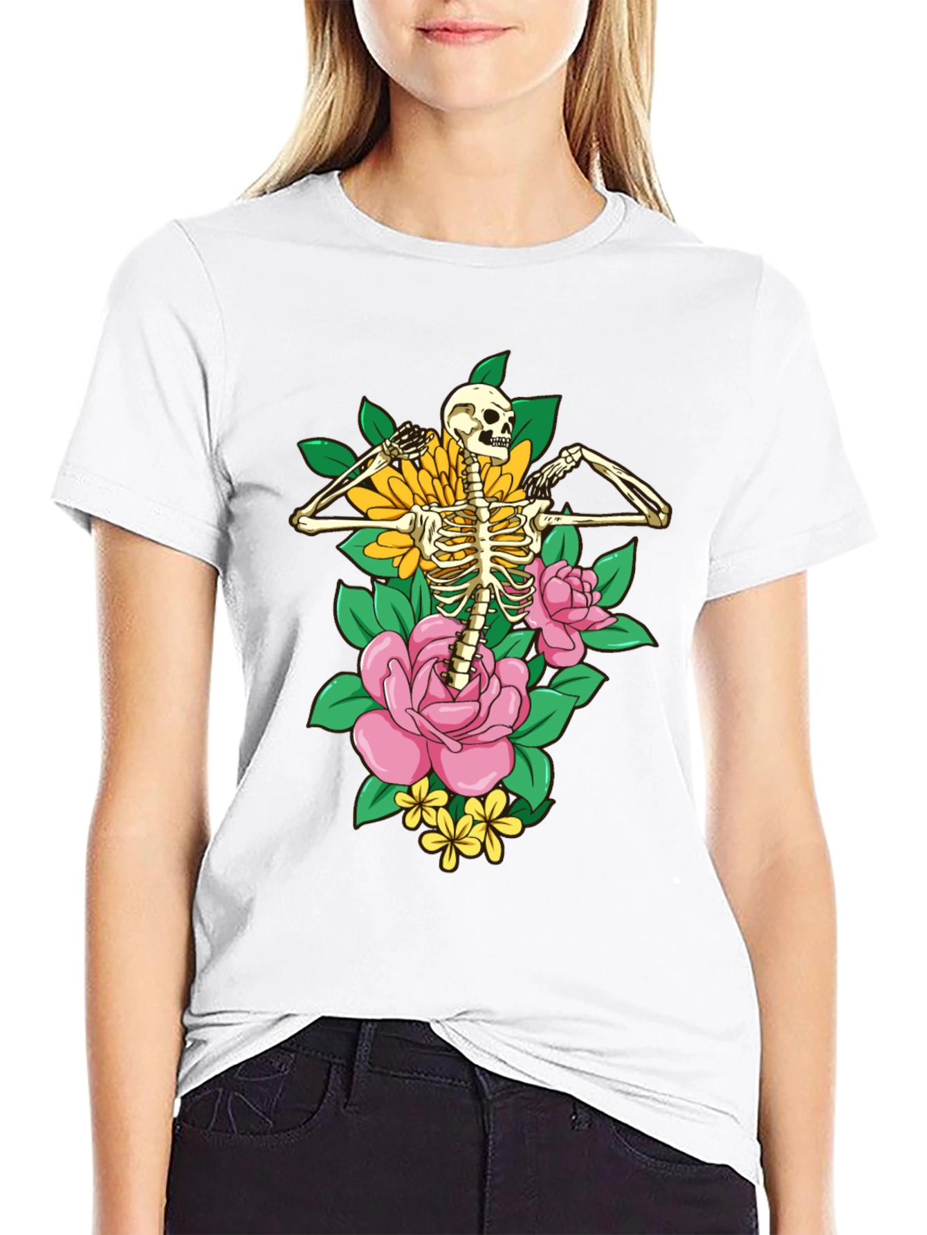Floral Skeleton Graphic T-Shirt - Black