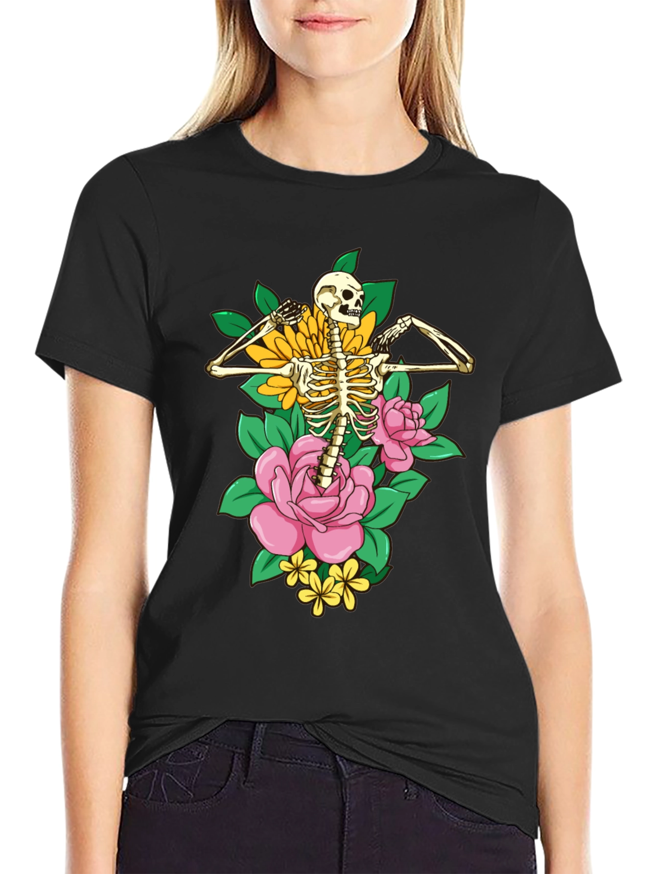 Floral Skeleton Graphic T-Shirt - Black