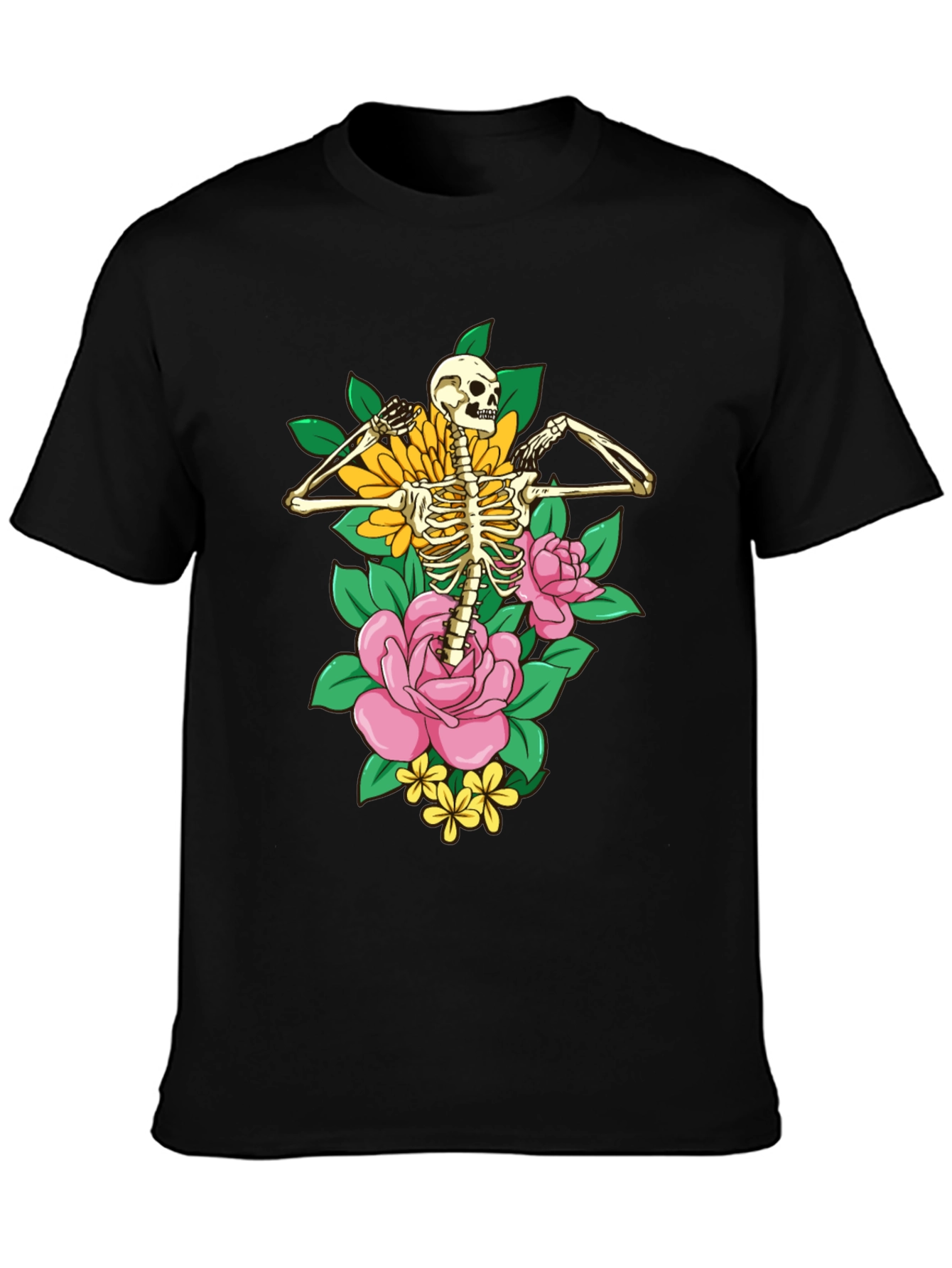 Floral Skeleton Graphic T-Shirt - Black