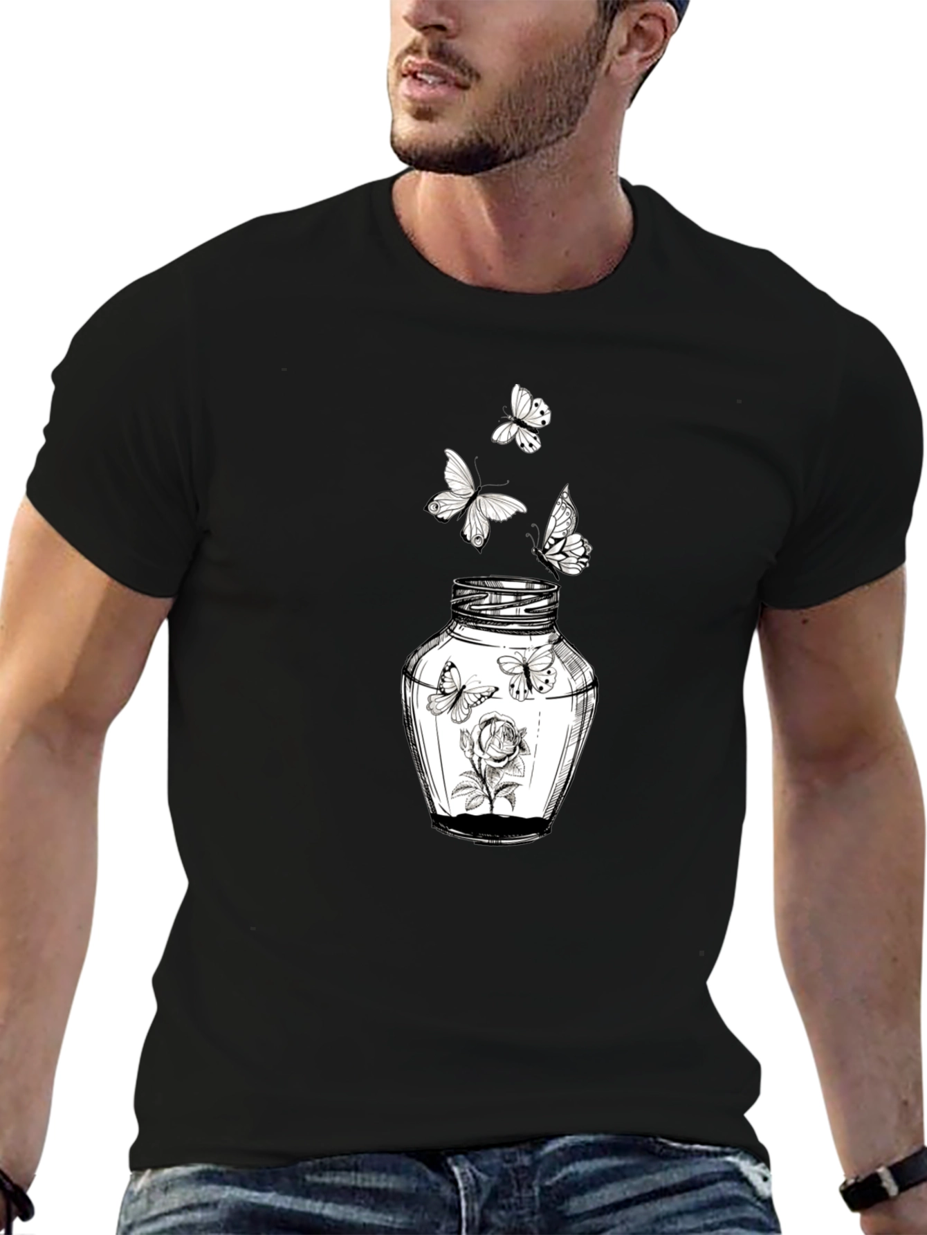 Butterfly Jar Graphic Tee - Stylish Black Cotton T-Shirt