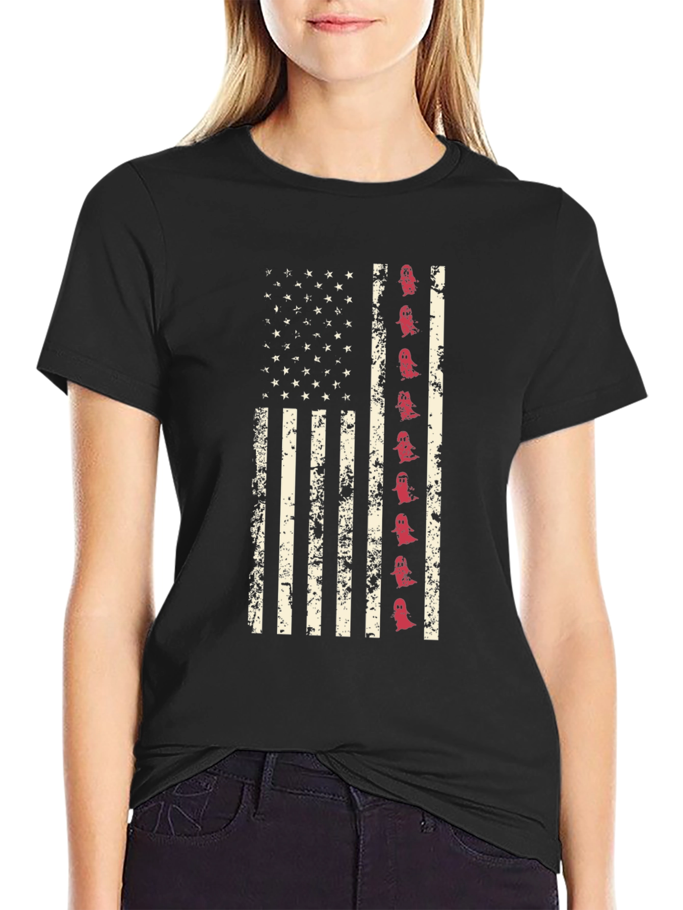 American Flag Ghost Graphic Tee - Halloween T-Shirt