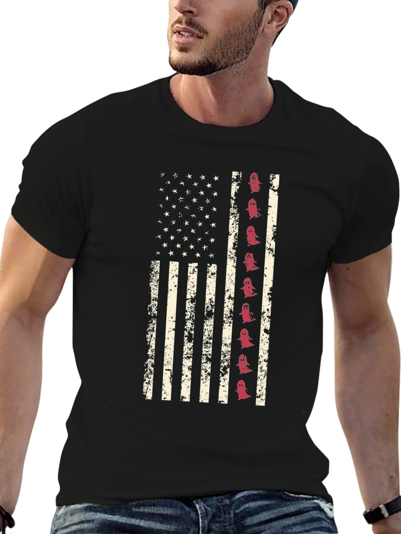 American Flag Ghost Graphic Tee - Halloween T-Shirt