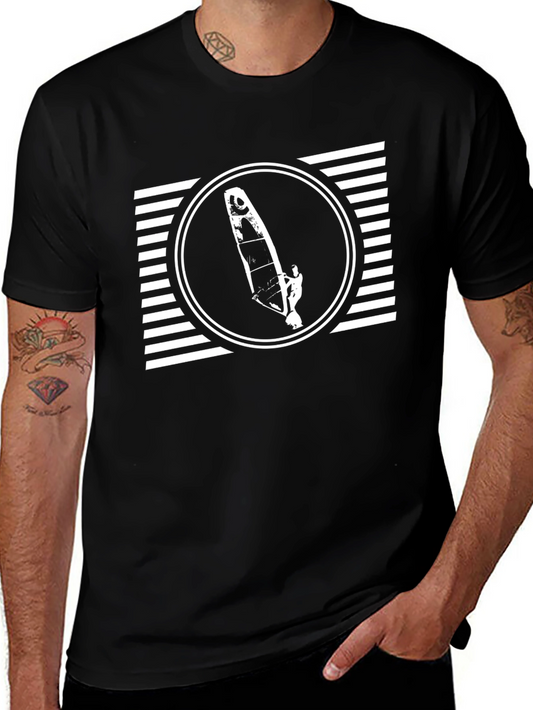 Mens Black T-Shirt with Windsurfer Graphic Design