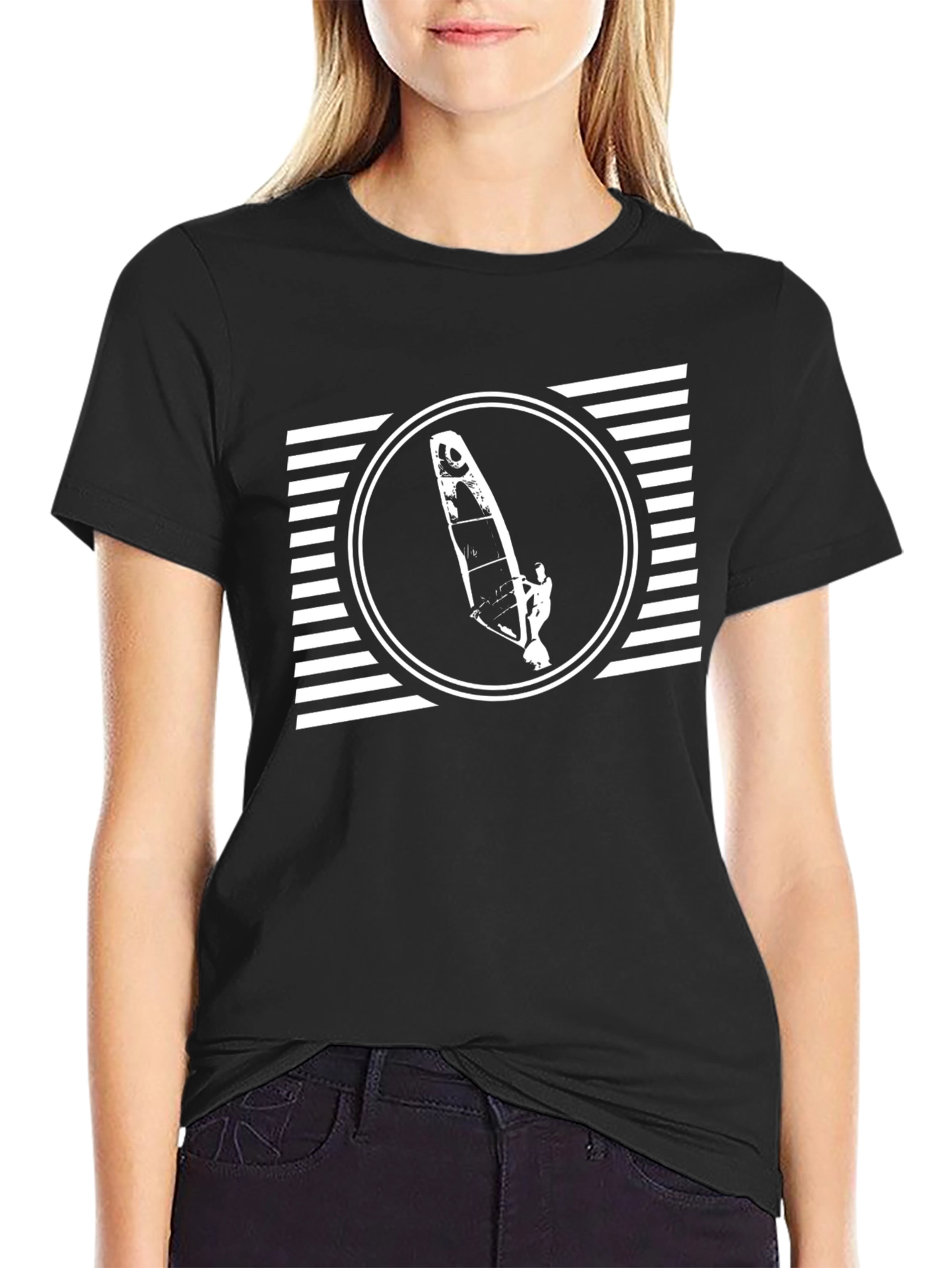Mens Black T-Shirt with Windsurfer Graphic Design