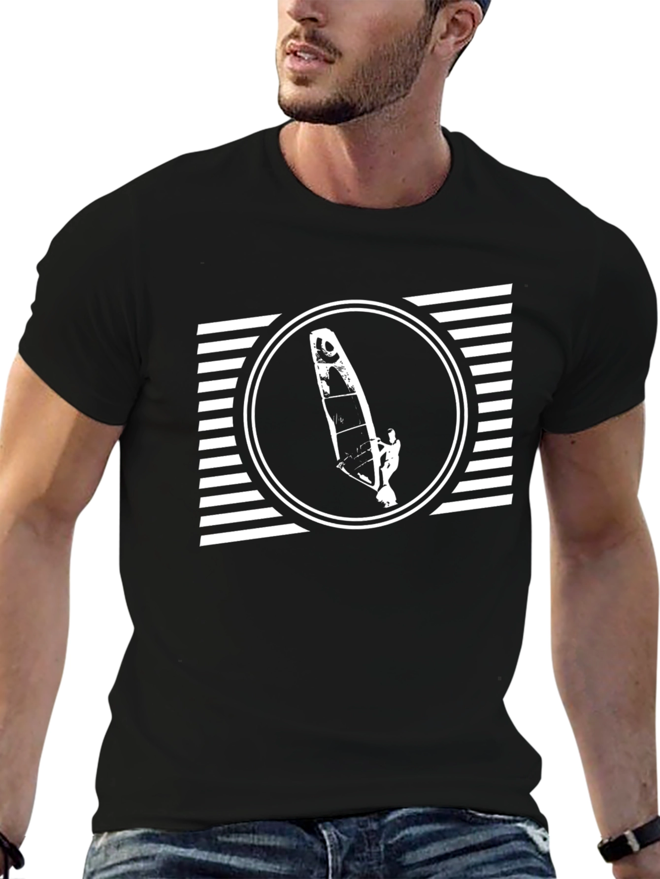 Mens Black T-Shirt with Windsurfer Graphic Design