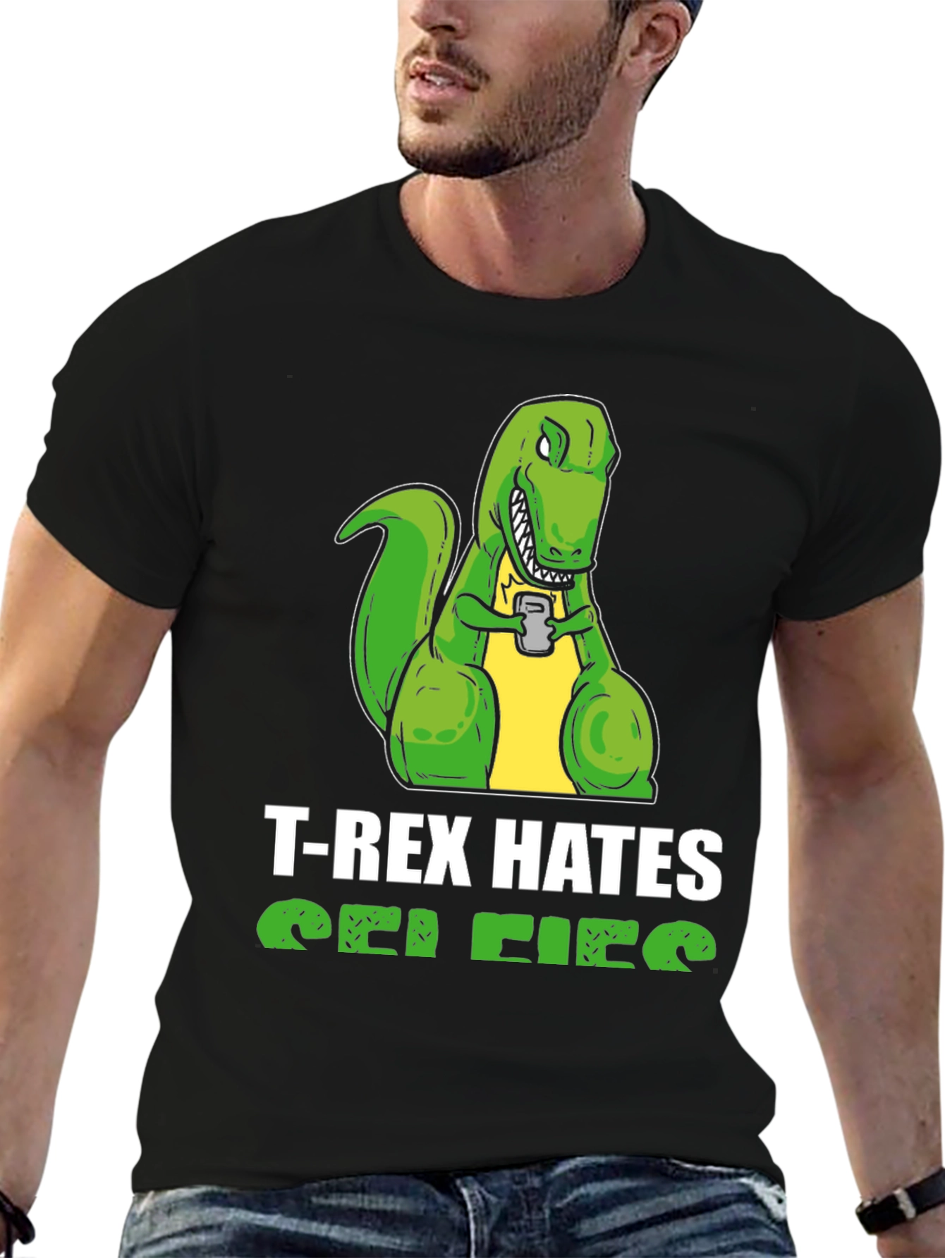 T-Rex Hates Selfies Graphic Tee - Funny Dinosaur Shirt