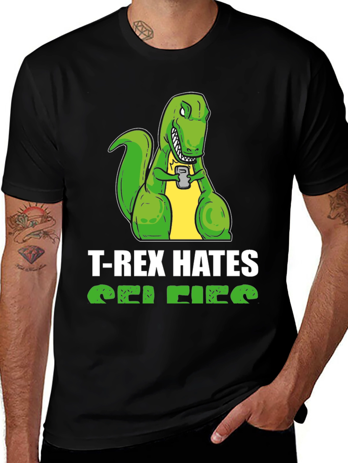 T-Rex Hates Selfies Graphic Tee - Funny Dinosaur Shirt